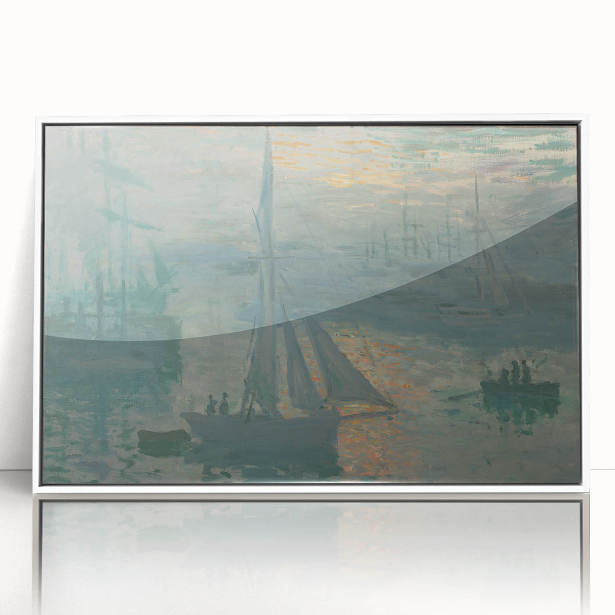 Acrylic print of Claude Monet's water lilies in muted green and blue tones, ideal for modern art wall decor in a nursery.