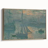 Framed canvas of a Claude Monet landscape painting with soft pastel shades, ideal for bedroom wall art.