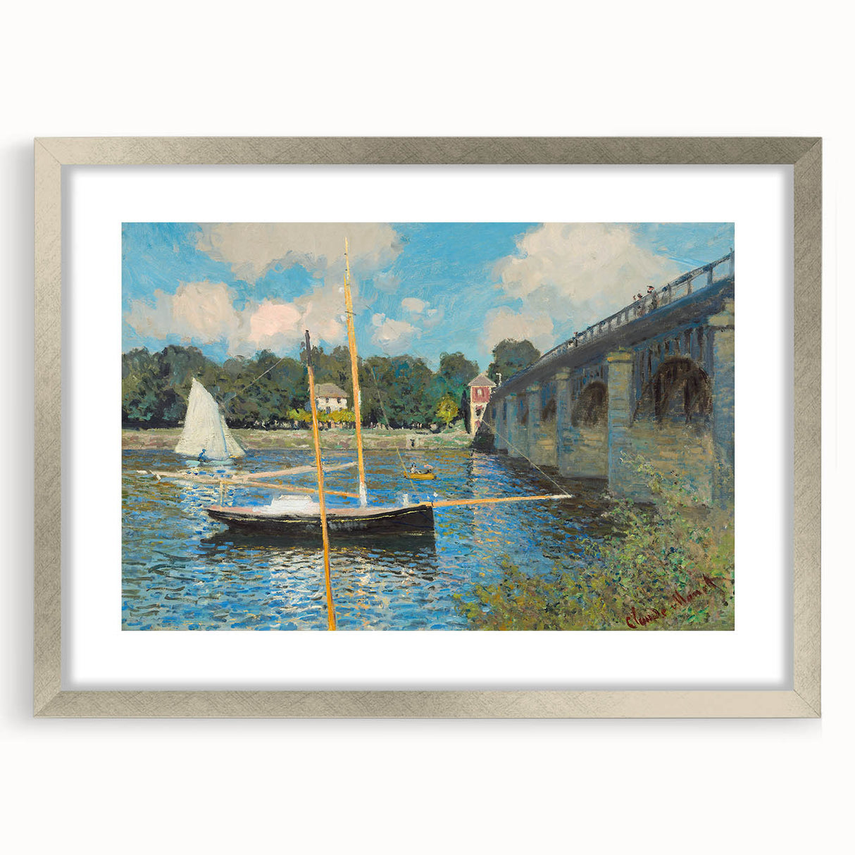 Textured abstract art print of a Claude Monet-inspired scene in muted greens and blues, framed in silver.
