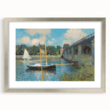 Textured abstract art print of a Claude Monet-inspired scene in muted greens and blues, framed in silver.