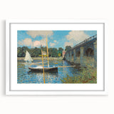 Abstract art print of a Claude Monet design with pastel shades on a framed white canvas.