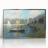 Mid-century modernist art featuring a Claude Monet painting in muted hues, framed in silver acrylic.