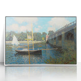 Art deco poster featuring a Claude Monet painting in muted blue and green tones on white framed acrylic.