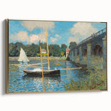 Framed canvas of a Claude Monet landscape painting in muted green and blue tones, ideal for bedroom wall art.