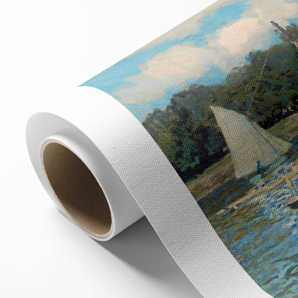 Art deco style poster of a Claude Monet painting on rolled canvas, featuring soft pastel hues, ideal for nursery wall art.