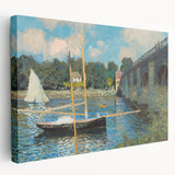 Side view of a Claude Monet-inspired stretched canvas depicting a serene landscape in soft blue and green tones.
