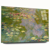 Side view of a large Claude Monet inspired acrylic print featuring soft blue and green hues.