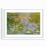 Abstract art print of a Claude Monet painting with soft blue and green hues on a white framed canvas.
