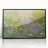 Large abstract wall art depicting a Monet-inspired landscape in muted blues and greens, framed in black acrylic.