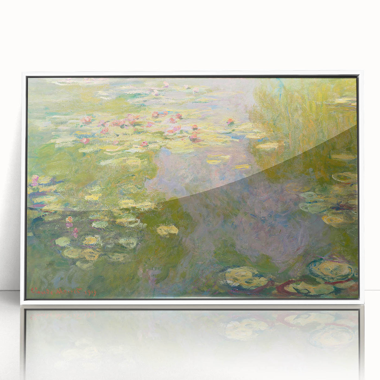 Art deco poster of Claude Monet's impressionist painting, with vibrant colors on white acrylic frame.