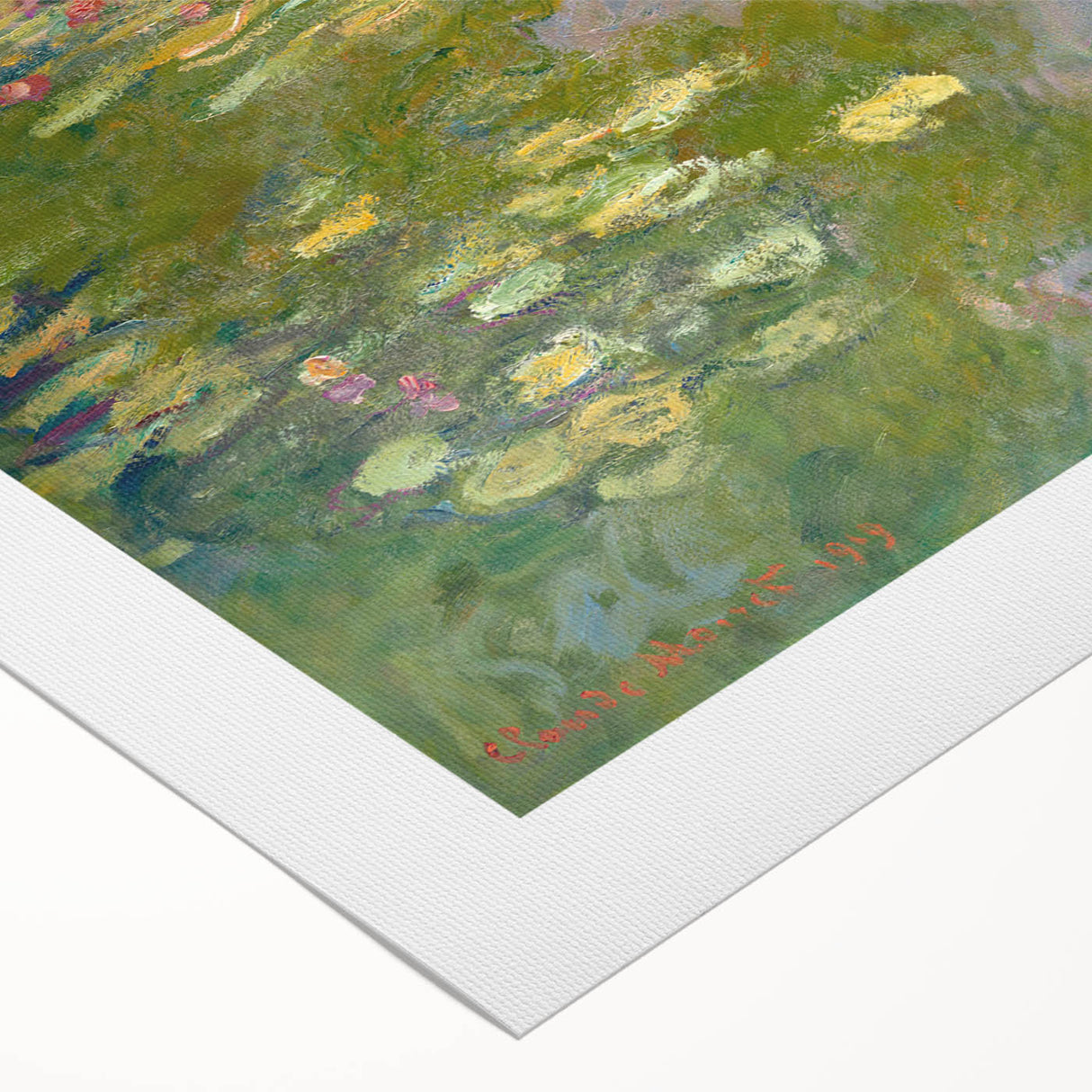 Art deco poster featuring a Claude Monet landscape with soft green and blue tones on rolled canvas.