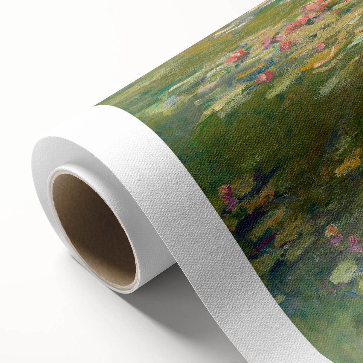 Art Deco style poster of Claude Monet's impressionist artwork on rolled canvas, featuring soft pastel colors.