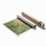 Extra large rolled print of Claude Monet's floral art in pastel hues, ideal for classy bathroom wall art.