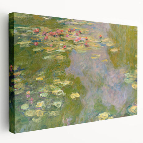 Side view of a Claude Monet-inspired stretched canvas featuring soft pastel water lilies, ideal for kitchen wall art.