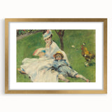 Extra large abstract art print of a Claude Monet-inspired landscape in textured strokes, framed in gold.