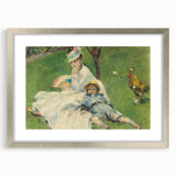 Textured art print of abstract water lilies in soft blue and green tones, framed in silver, ideal for bedroom ambiance.