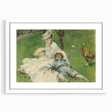 Abstract art print of a Claude Monet inspired scene in soft blue and green tones on a white framed canvas.