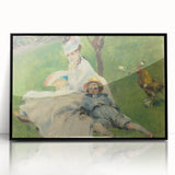 Large abstract wall art featuring a Claude Monet-inspired design in muted blues and greens, framed in black acrylic.