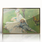 Large art print of a Claude Monet painting in a gold frame, featuring soft pastel colors, ideal for nursery wall art.