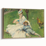 Vintage poster art of Claude Monet's landscape in muted earth tones on a gold-framed canvas, ideal for bedroom wall decor.