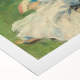 Art deco poster featuring Claude Monet's water lilies in soft blues and greens on rolled canvas.