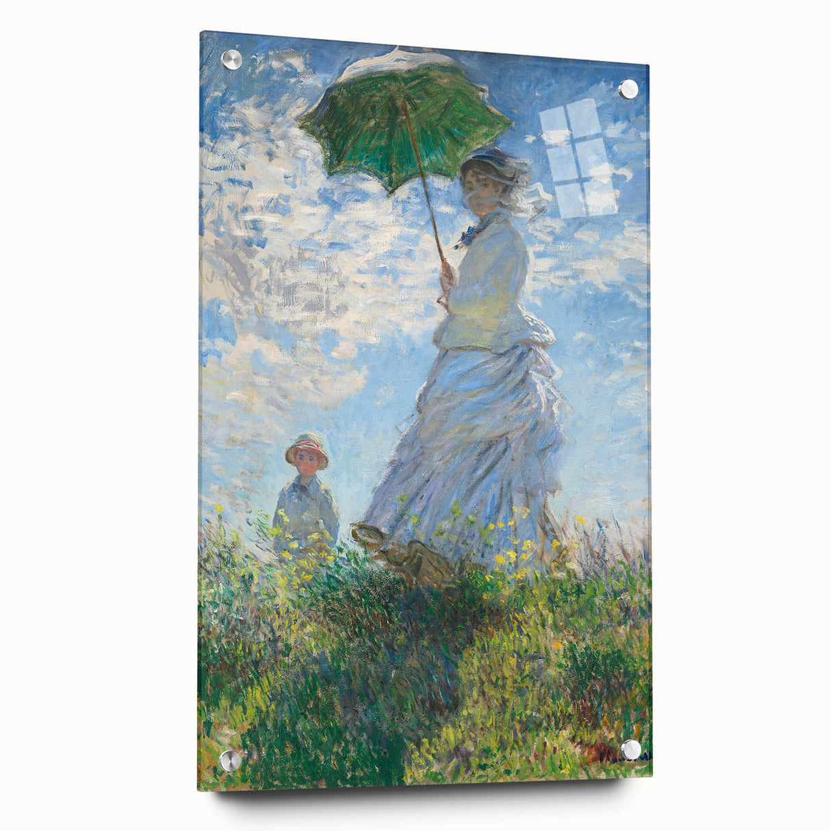 Acrylic print of a Claude Monet landscape with soft blue and green tones, ideal for bedroom or dining room decor.