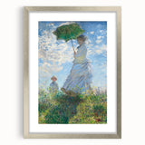Textured art print of an abstract Claude Monet painting in muted blue and green hues, framed in silver.