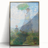Large art print of a Claude Monet painting in a gold frame, featuring soft pastel colors, ideal for nursery wall art.
