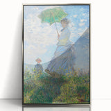 Mid-century modernist art by Claude Monet, featuring a serene landscape in muted green and blue tones.