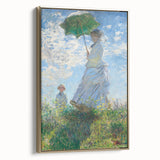 Framed canvas of Claude Monet landscape painting in muted greens and blues, ideal for bedroom wall art.