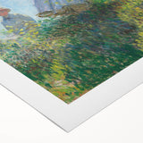 Art deco poster featuring a Claude Monet landscape on rolled canvas, with soft pastel colors, suitable for dining room decor.