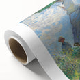 Art deco poster featuring a Claude Monet painting on rolled canvas, with soft pastel colors, ideal for nursery wall art.