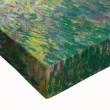 Large art, black and white landscape painting on stretched canvas depicting a serene river scene.