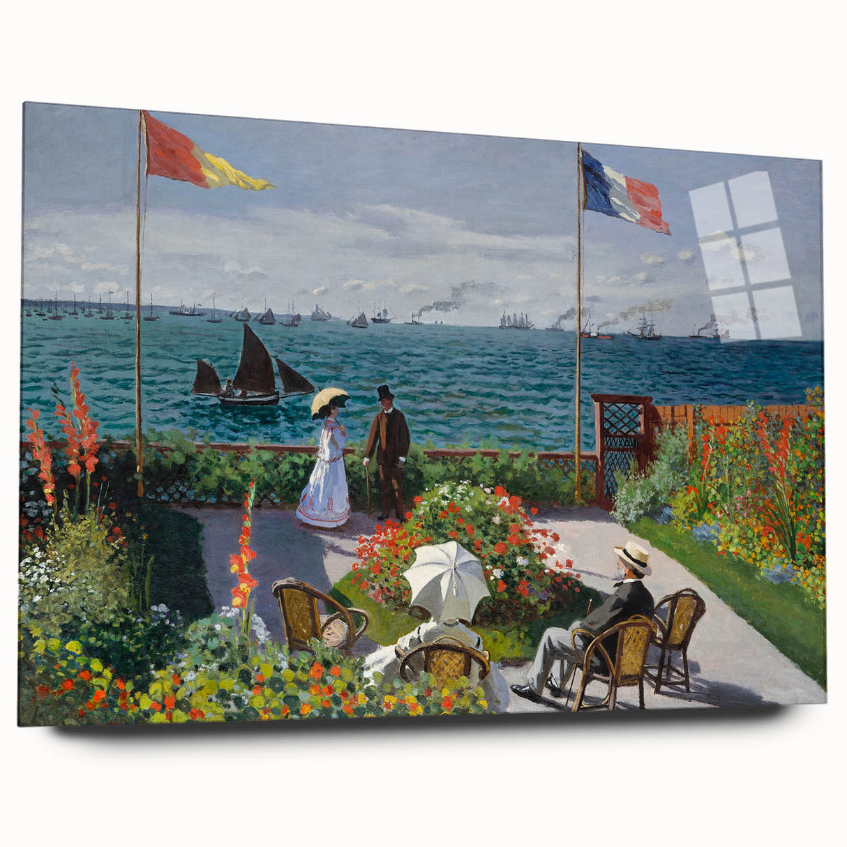 Large abstract wall art featuring Claude Monet-inspired designs in soft pastel colors on acrylic glass.