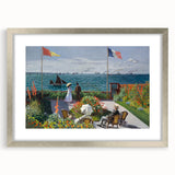 Textured art print of a Claude Monet painting in muted watercolor hues, framed in silver, ideal for bedroom art.