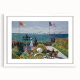 Abstract art print of a Claude Monet-inspired water lily scene in soft blues and greens, framed with a white mat.