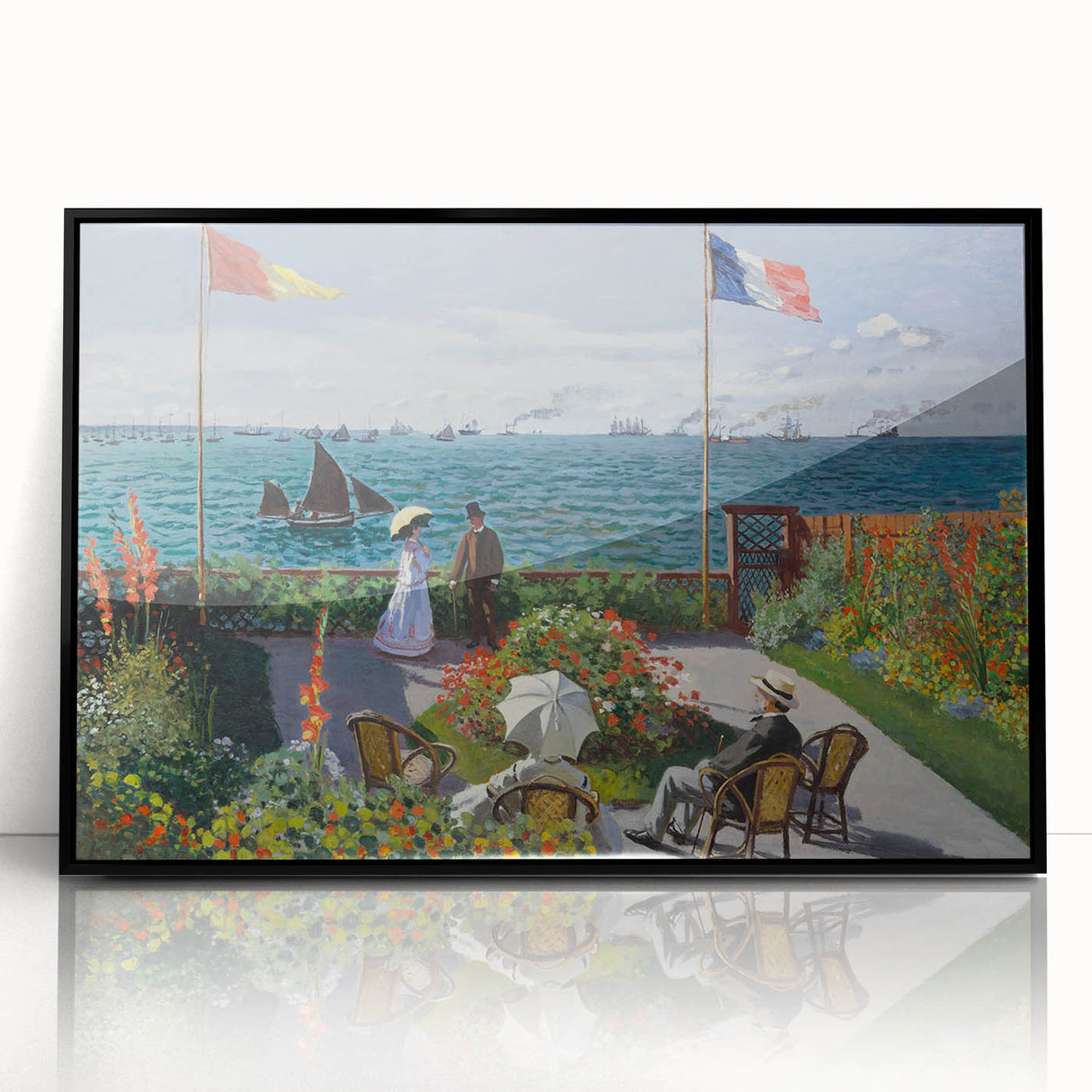 Large abstract wall art depicting a Claude Monet-inspired scene in muted watercolor tones on a framed acrylic.