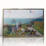 Framed acrylic print of Claude Monet's impressionist artwork with soft blue and green hues, ideal for nursery wall art.