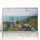 Art deco poster of Claude Monet's impressionist painting, framed in white acrylic, with soft pastel hues.