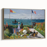 Framed canvas of Claude Monet's landscape painting in muted greens and blues, ideal for bedroom wall art.