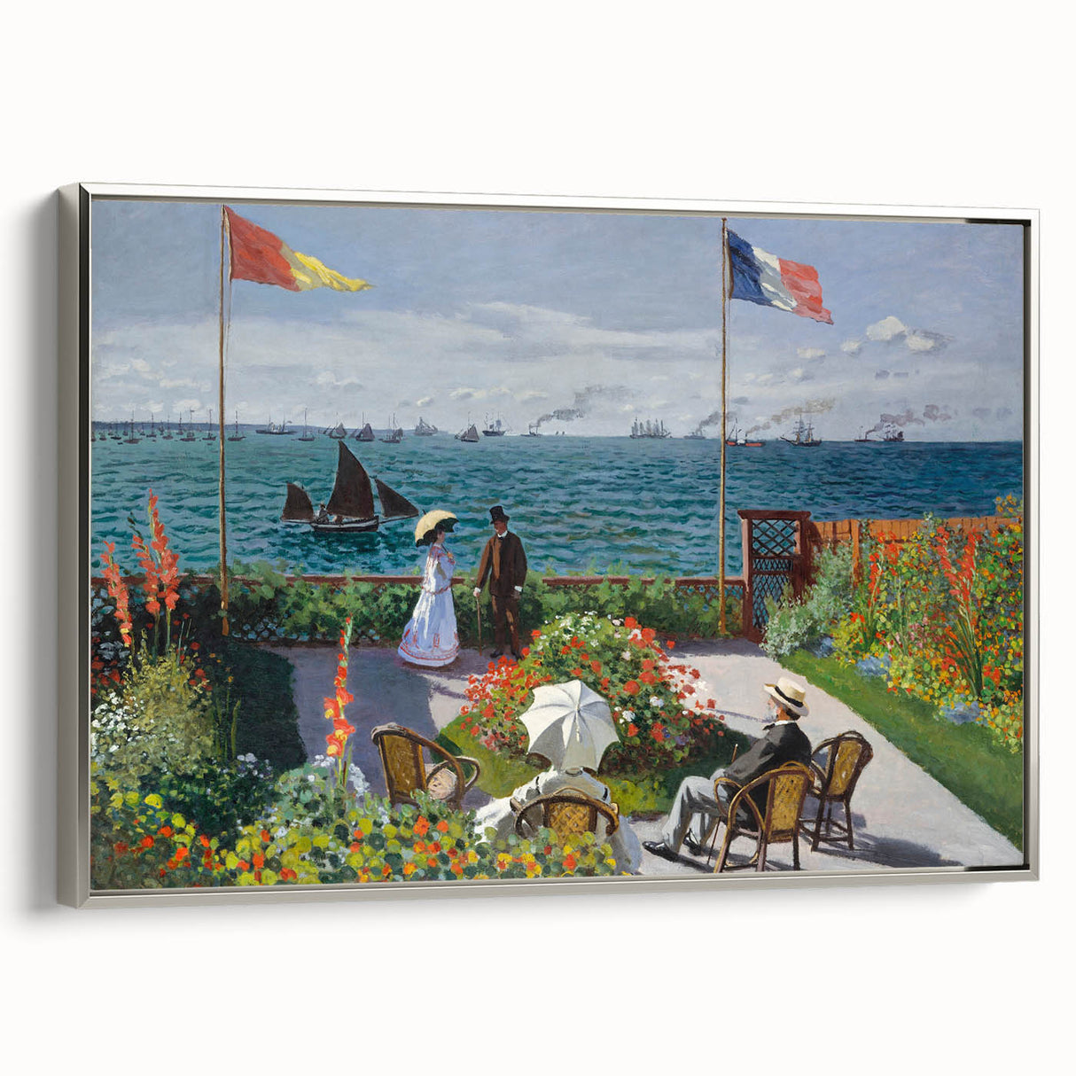 Landscape art painting featuring a Claude Monet design with colorful palette on framed canvas, ideal for living room decor.