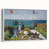 Vintage poster art of a Claude Monet painting on a framed canvas, featuring colorful imagery, ideal for living room decor.