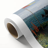 Art deco poster of Claude Monet's garden scene on rolled canvas, featuring soft pastel colors, ideal for nursery wall art.