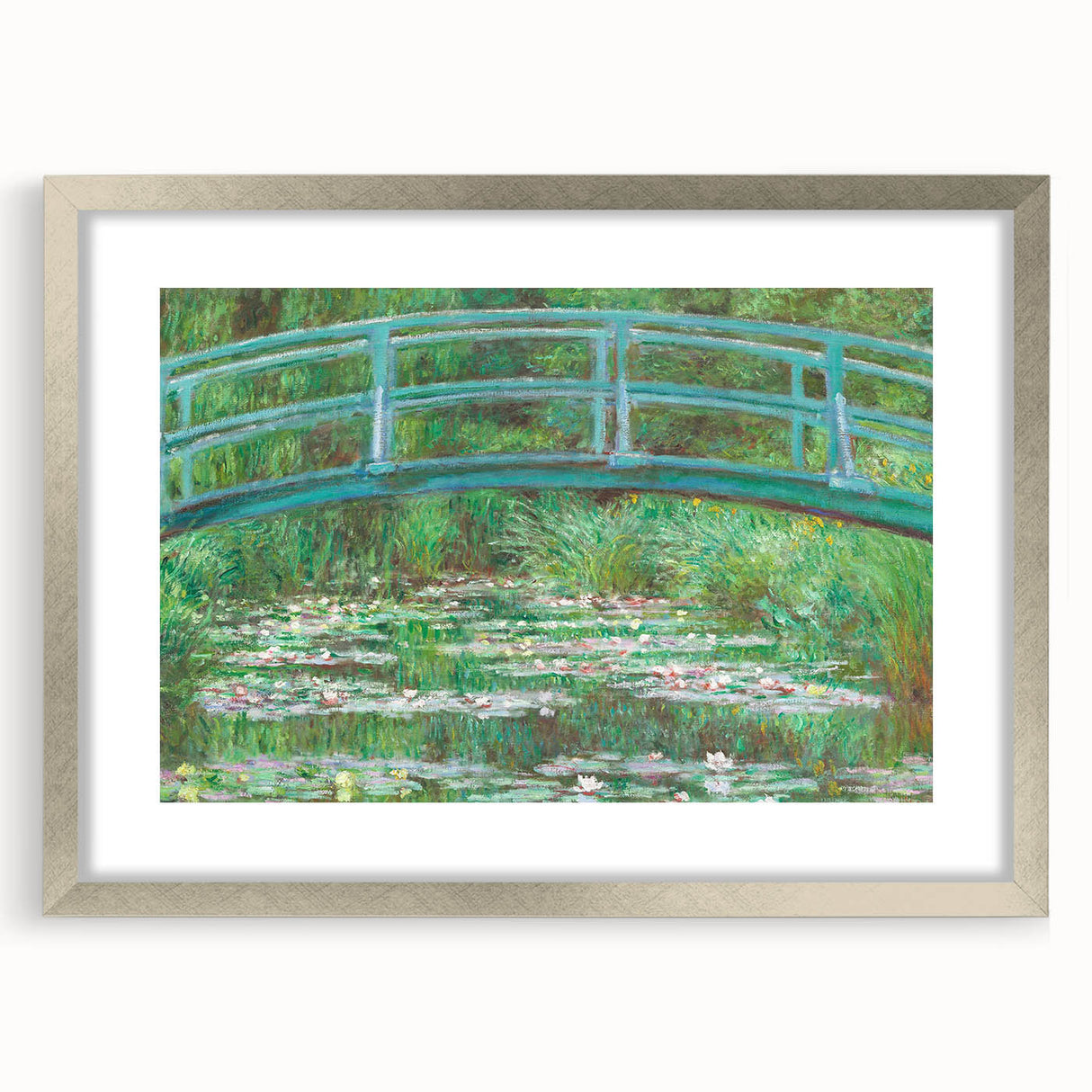 Textured art print of an abstract scene in muted blues and greens on a silver-framed canvas, ideal for bedroom ambiance.