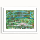 Abstract art print of a Claude Monet-inspired landscape in soft blue and green tones, framed in white.