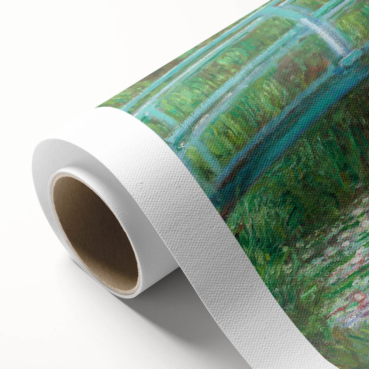 Art deco poster of a Claude Monet painting on rolled canvas, featuring soft pastel shades.