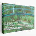 Large Claude Monet-inspired stretched canvas featuring a water lily pond in muted green and blue tones.