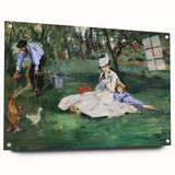 Acrylic print of Claude Monet's artwork with soft blue and green palette, ideal for bedroom or dining room decor.