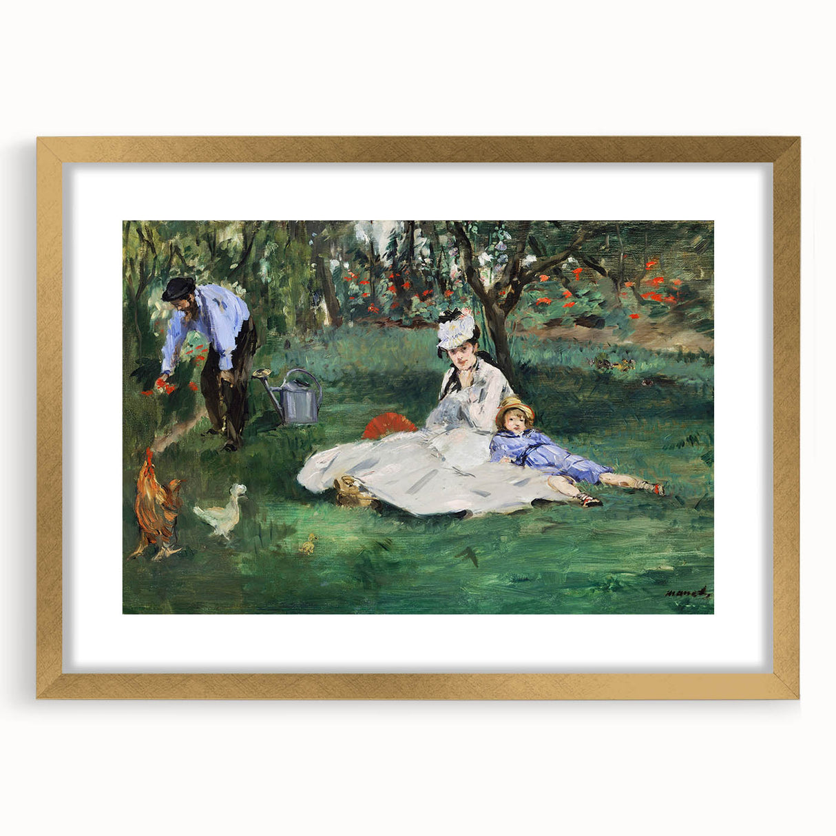 Extra large, textured abstract art print of a Claude Monet design in gold frame, ideal for living room decor.