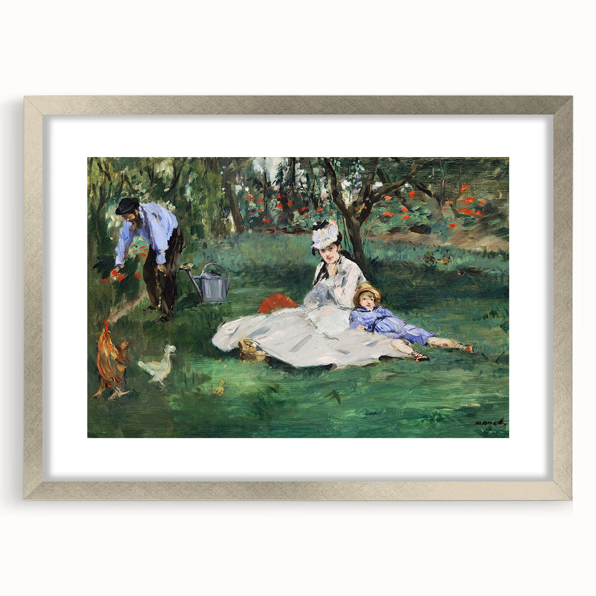 Textured art print featuring abstract depiction of a lakeside scene in muted blues and greens on a framed silver canvas.